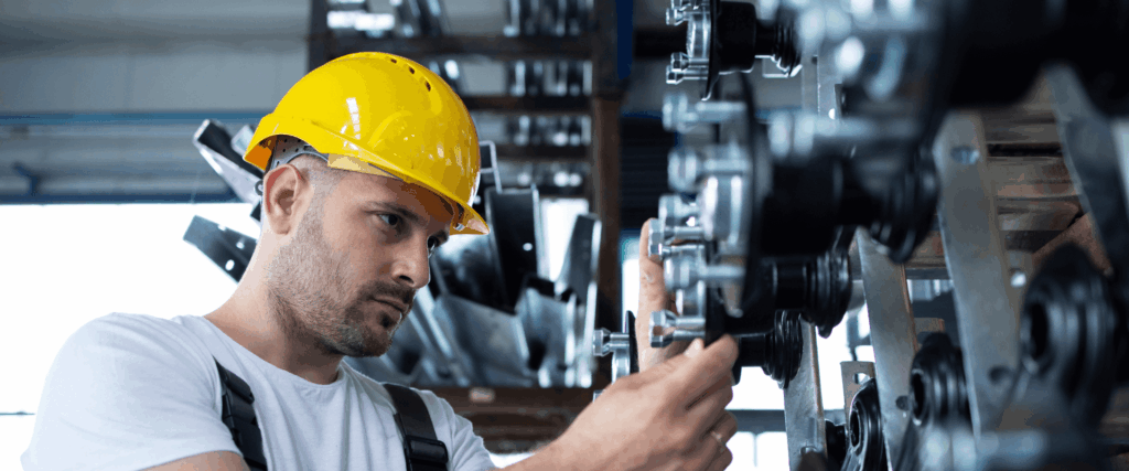 Metallhelfer mit Schutzhelm arbeitet an einer Industriemaschine in der Fertigung